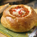 pizza soup in a bread bowl