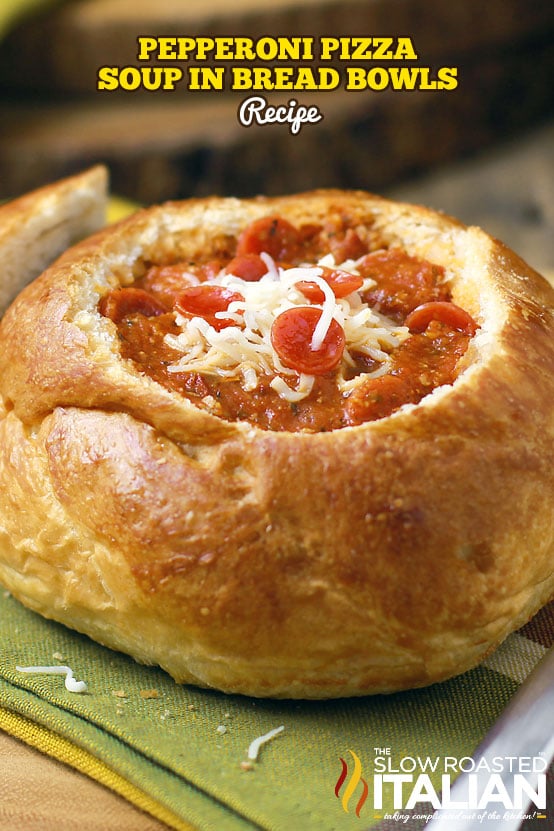 titled: Pepperoni Pizza Soup in Bread Bowls Recipe