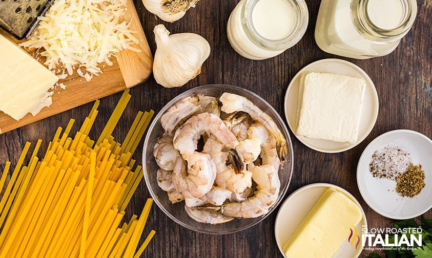 measured ingredients to make copycat olive garden shrimp alfredo with fettuccine