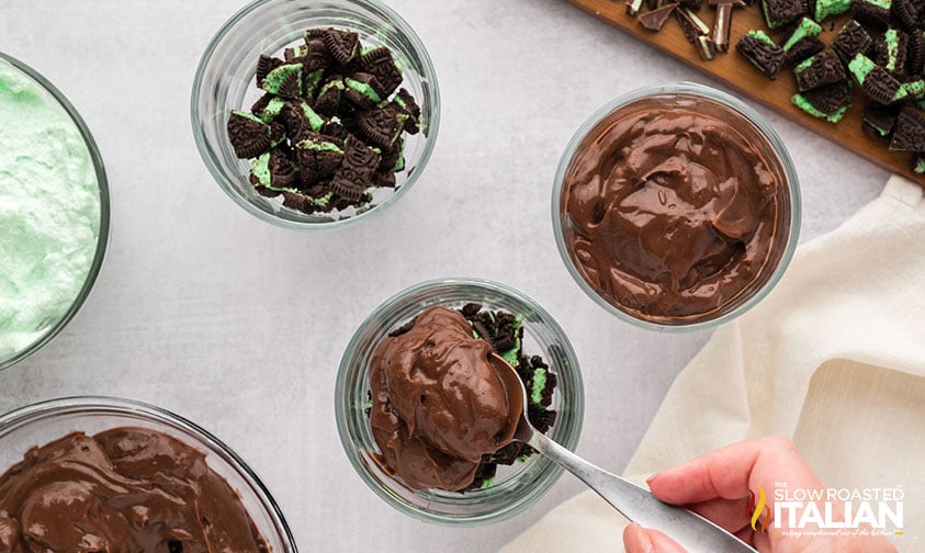 assembling chocolate mint trifle