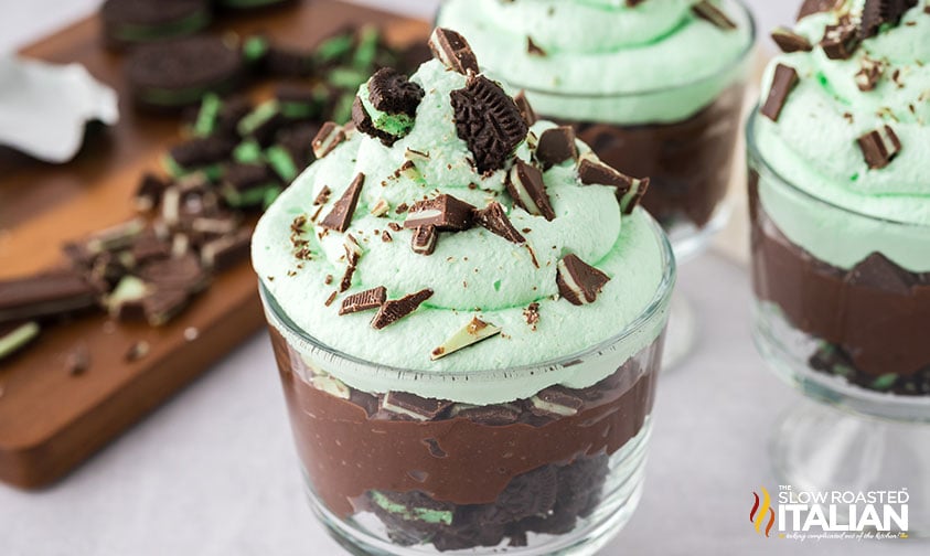 top view of chocolate mint dessert trifle with oreos