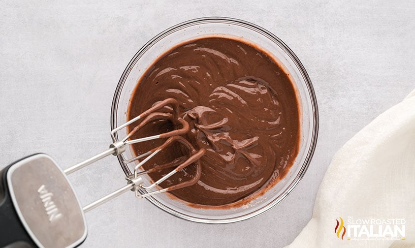 mixed chocolate pudding in a mixing bowl