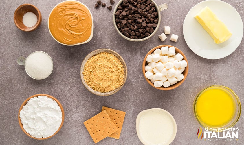 ingredients for Chocolate Peanut Butter Graham Cracker Bars in bowls