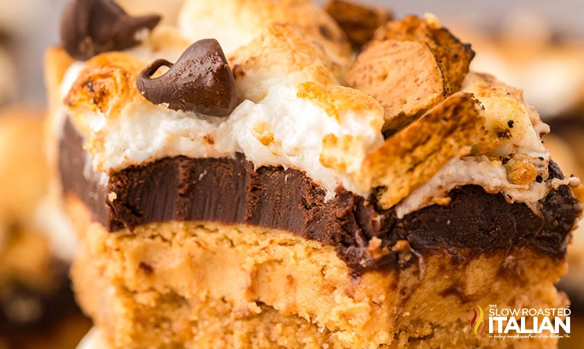 closeup of Chocolate Peanut Butter Graham Cracker Bars with bite taken