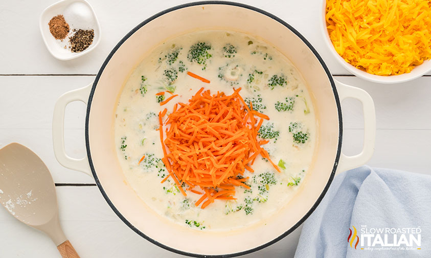 adding shredded carrot to panera broccoli cheddar soup