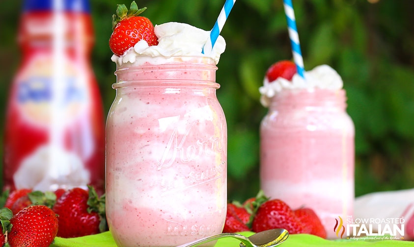 closeup of strawberry milkshake