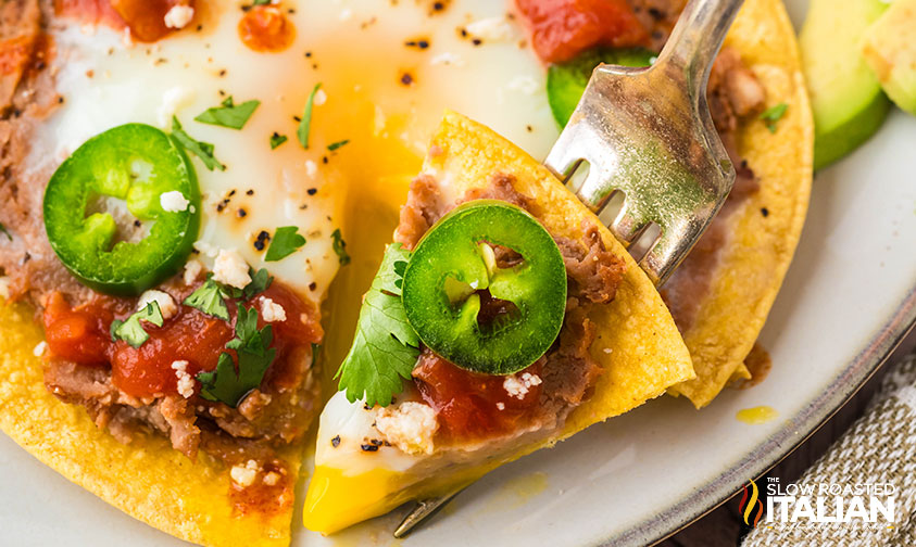 closeup of huevos rancheros on a plate