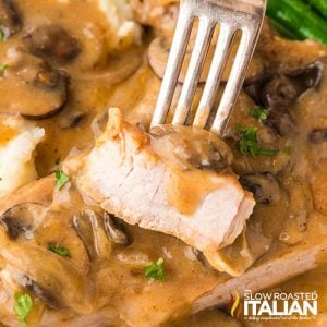 closeup of pork chops in slow cooker with mushroom soup