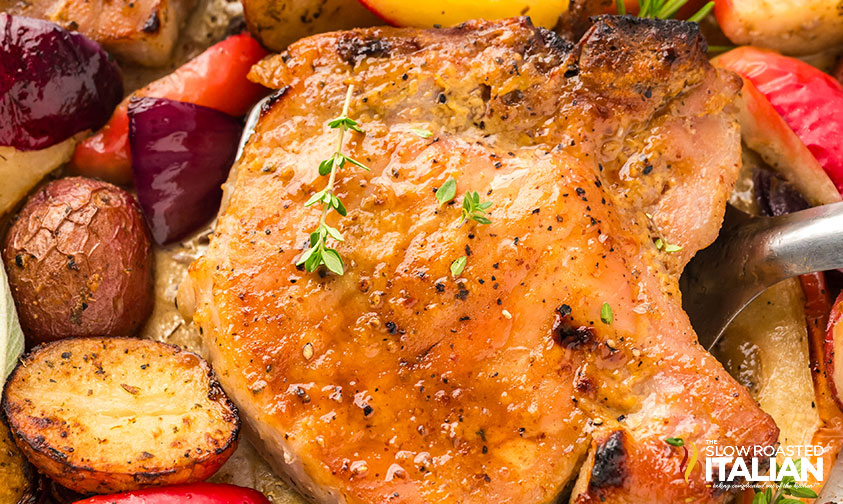 closeup of sheet pan pork chops