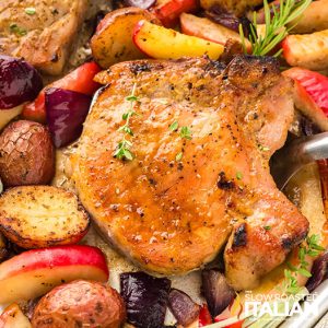 closeup of sheet pan pork chops