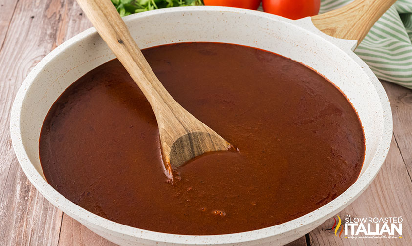 red enchilada sauce in a skillet