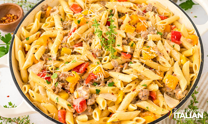 sausage and peppers pasta recipe in a skillet