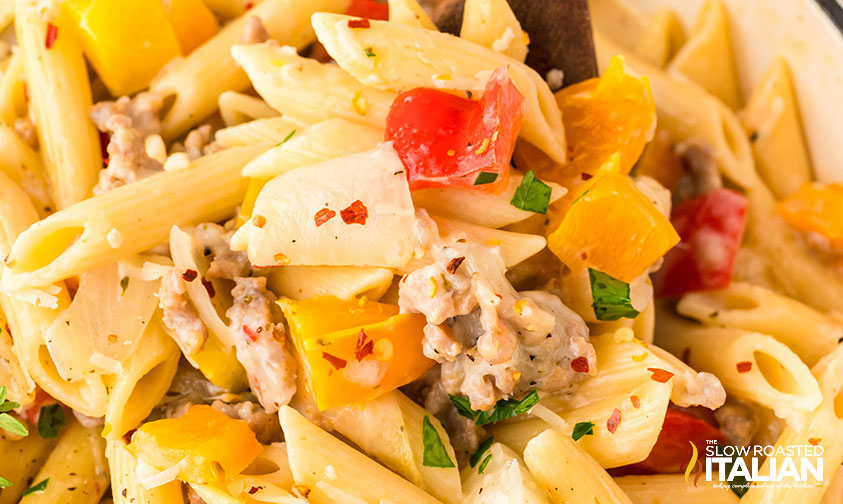 closeup of sausage and peppers pasta