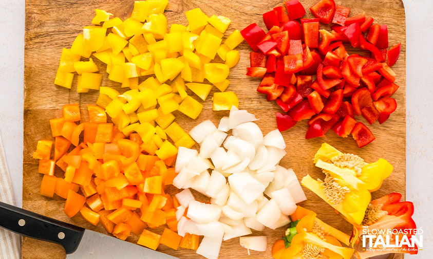 chopped peppers and onions for sausage and peppers pasta