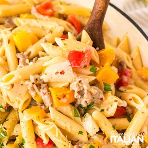 closeup of sausage and peppers pasta recipe