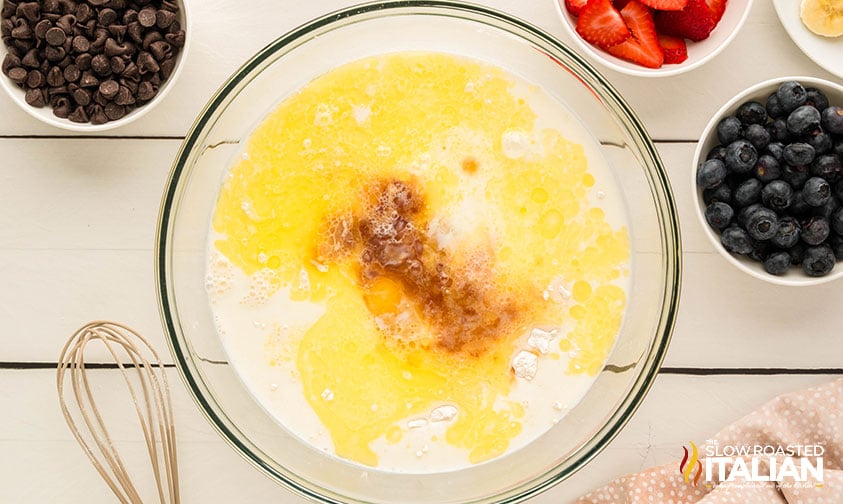 milk, eggs, butter and vanilla added to large mixing bowl