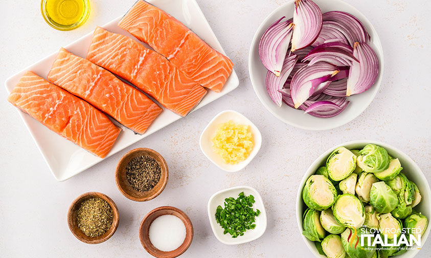 ingredients for sheet pan salmon with veggies