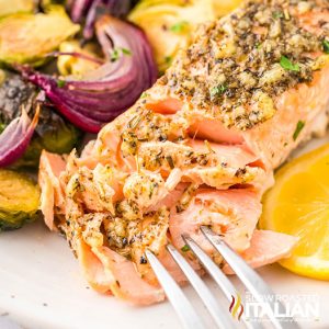 closeup of sheet pan salmon dinner