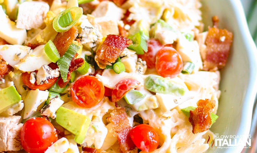 close up: cobb pasta salad with creamy dressing