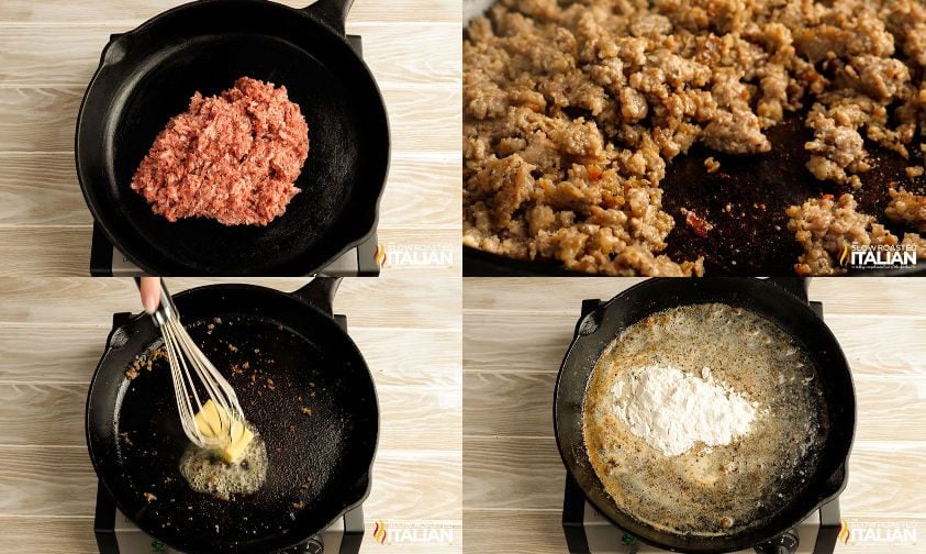 collage: browning sausage in cast iron skillet, then making a roux