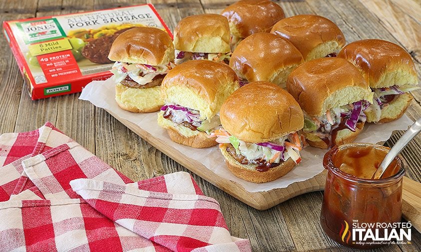 bbq pork sliders on a cutting board